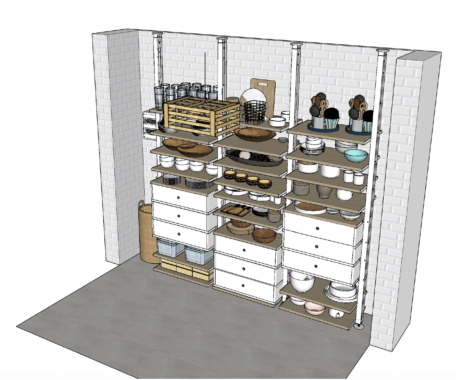 Dessin 3D cellier rangement vaisselle mur carrelage metro