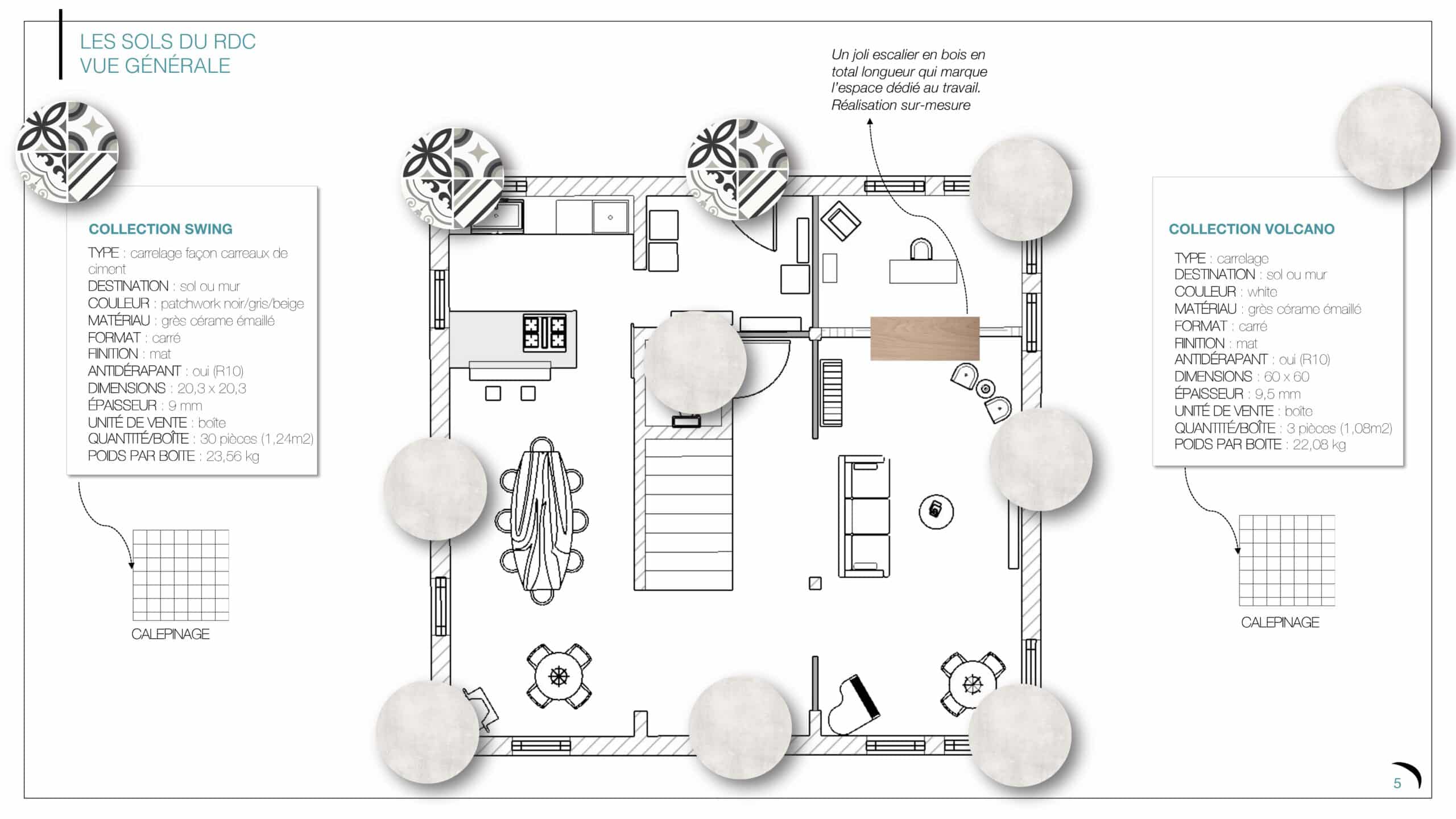 plan 2D avec sélection de carrelage style loft moderne